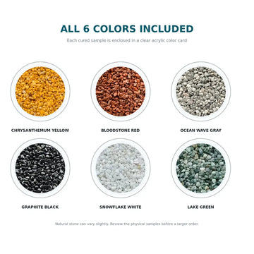 Six ROCBIND round stone samples labeled by current color