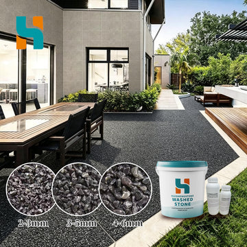 Black resin bound washed stone kit for modern outdoor patio and landscape flooring