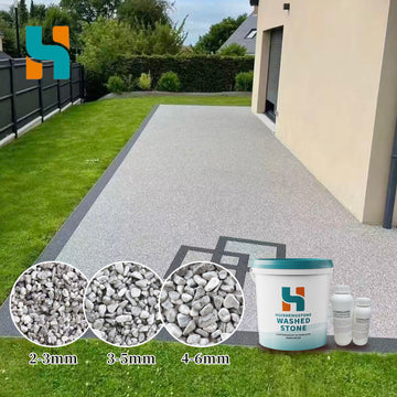 Light gray resin bound washed stone sample for patio walkway and garden path